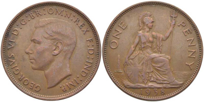 Великобритания 1 пенни 1938 Георг VI (1936-1952) КМ 845, Spink 4114 бронза 115-341