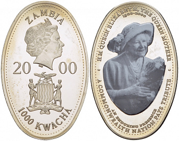 Замбия 1000 квача 2000 100 лет королеве матери - юбилей, овал, эмаль KM 77 медно-никель PROOF 5010-533