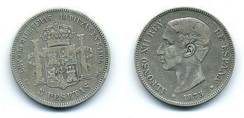 ИСПАНИЯ 5 ПЕСЕТ 1875 DE-M, АЛЬФОНСО XII KM 671 серебро 7-5-44-21