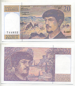 ФРАНЦИЯ 20 ФРАНКОВ 1992 Pick 151f бумага UNC (ПРЕСС) 7553-41-1