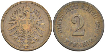 ГЕРМАНИЯ 2 ПФЕННИГА 1876 B, СТАРОГЕРБОВКА KM 2, J. 2, Weege 3 медь 212-655