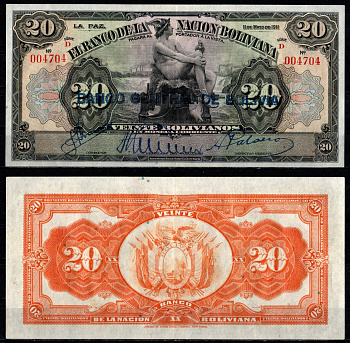 Боливия 20 боливиано 1911 (1929) надпечатка на Pick 109B, серия D Pick 115 a(2)  бумага   451-1386-2