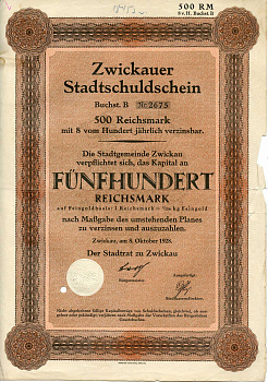 Германия 500 рейхсмарок 1928 Город Цвиккау долговая расписка 8%, облигация   бумага   8802-14-1