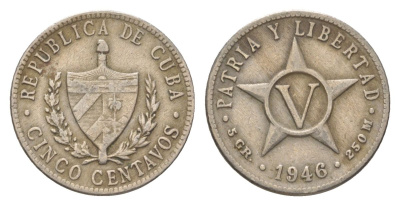 Куба 5 сентаво 1946 звезда, первая Республика (1902-1961) KM 11.3 медно-никель 4623-824