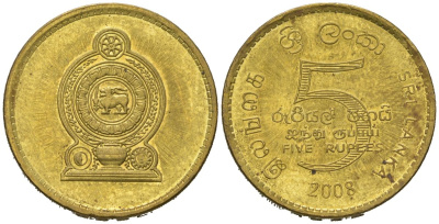 Шри-Ланка 5 рупий 2008 KM 148a сталь плакированная латунью aUNC 4620-217