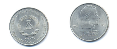 ГДР 20 марок 1972 А, Фридрих Шиллер (1759-1805) KM 40 медно-никель 3333-812