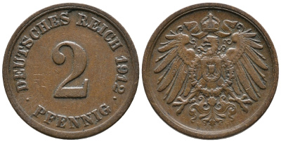 Германия 2 пфеннига 1912 F KM 16, J. 11, Weege 4 медь 39-1234