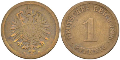 ГЕРМАНИЯ 1 ПФЕННИГ 1886 D, СТАРОГЕРБОВКА KM 1, J. 1, Weege 1 медь 206-1049