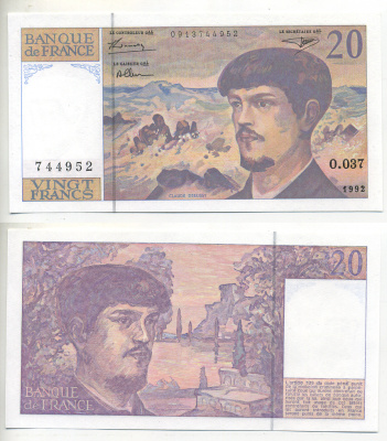 ФРАНЦИЯ 20 ФРАНКОВ 1992 Pick 151f бумага UNC (ПРЕСС) 7553-41-1