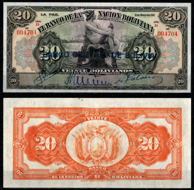 Боливия 20 боливиано 1911 (1929) надпечатка на Pick 109B, серия D Pick 115 a(2)  бумага   451-1386-2