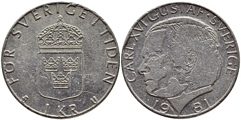 Швеция 1 крона 1981 Карл XVI Густав (1973- ) KM 852 медь плакированная медно-никелем 4397-1042