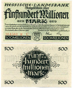 Германия, Дармштадт 500000000 марок (500 миллионов) 1923 1 октября 1923, нотгельд, земля Гессен, номер, снежинка, серия С, Hessesche Landesbank Keller 956е  бумага  UNC (пресс) 8613-20-3-1