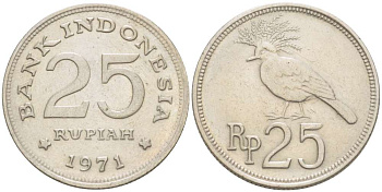 Индонезия 25 рупий 1971 венценосный голубь KM 34 медно-никель 4519-723
