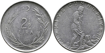 ТУРЦИЯ 2 1/2 ЛИРЫ 1968 KM 893.1 нержавеющая сталь 29-613