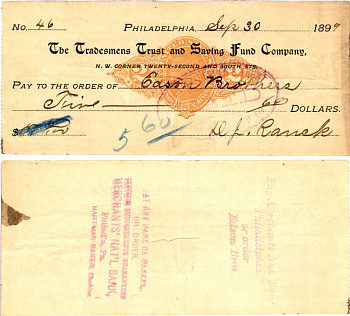 США чек на 5,60 долларов 1899 Филадельфия бумага 2196-42-1-2