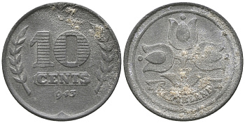 НИДЕРЛАНДЫ 10 ЦЕНТОВ 1943 ВИЛЬГЕЛЬМИНА (1890-1948) KM 173 цинк 34-347