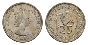 Кипр 25 милей 1955 Елизавета II (1952-2022) KM 35 медно-никель 4679-463
