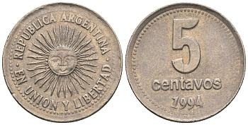 Аргентина 5 сентаво 1994 майское солнце, широкие буквы KM 109a2, CJ 2, Schon 109a медно-никель 4609-1237