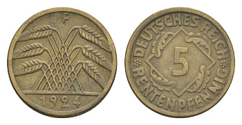 Германия 5 рентенпфеннигов 1924 F KM 32, J. 308 алюминиевая бронза 4636-446
