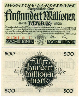 Германия, Дармштадт 500000000 марок (500 миллионов) 1923 1 октября 1923, нотгельд, земля Гессен, номер, снежинка, серия С, Hessesche Landesbank Keller 956е  бумага  UNC (пресс) 8613-20-3-1
