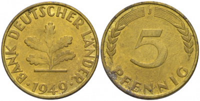 ФРГ 5 ПФЕННИГОВ 1949 J KM 102, J. 377 сталь плакированная латунью 44-139