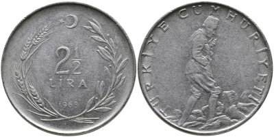 ТУРЦИЯ 2 1/2 ЛИРЫ 1968 KM 893.1 нержавеющая сталь 29-613