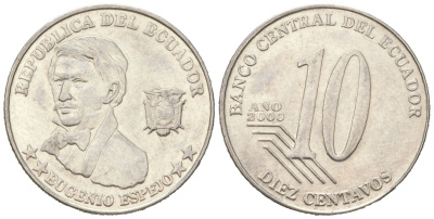 Эквадор 10 сентаво 2000 KM 106 нержавеющая сталь 4611-867