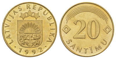 Латвия 20 сантимов 1992 KM 22.1 никель латунь UNC 4617-647