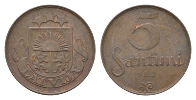 Латвия 5 сантимов 1922 KM 3 бронза 4689-956