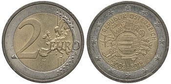 Австрия 2 евро 2012 10 лет монетарной политике и наличному евро KM 3205 биметалл 4384-241