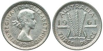 Австралия 3 пенса 1961 m, Елизавета II (1952-2022) KM 57 серебро 71-736