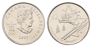 Канада 25 центов 2007 XXI зимние Олимпийские Игры, Ванкувер 2010 - Горные лыжи KM 686 сталь плакированная никелем UNC 4678-1154