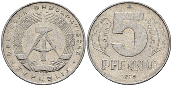 ГДР 5 пфеннигов 1975 A KM 9.1 алюминий 218-948