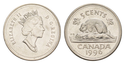 Канада 5 центов 1996 Елизавета II (1952-2022), бобр KM 182 медно-никель aUNC 4630-746