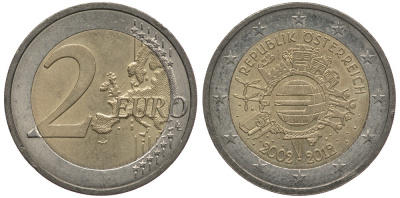 Австрия 2 евро 2012 10 лет монетарной политике и наличному евро KM 3205 биметалл 4384-241