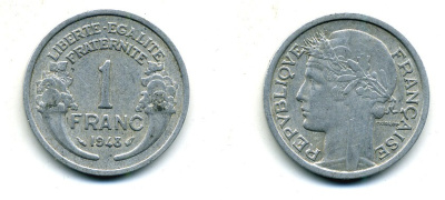 ФРАНЦИЯ 1 ФРАНК 1948 ТИП MORLON, LEGERE KM 885a.1, LE FRANC 221.13 алюминий 84-511