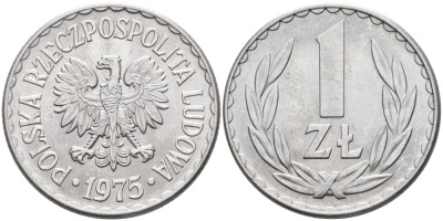 ПОЛЬША 1 ЗЛОТЫЙ 1975 MW KM 49.1 алюминий UNC 86-731
