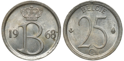 Бельгия 25 сантимов 1968 Belgie, Бодуэн I (1951-1993) KM 154.1 медно-никель 72-656