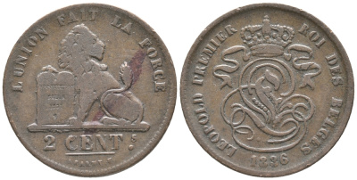 БЕЛЬГИЯ 2 САНТИМА 1836 KM 4.2 медь 34-336