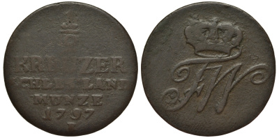 Силезия 1/2 крейцера 1797 B, Фридрих Вильгельм II Прусский (1786-1797), вес 3,7 гр., монетный двор Бреслау KM 47, Olding 20a, Jaeger 9 медь 1516-1121