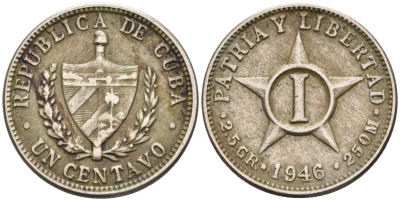 Куба 1 сентаво 1946 звезда, первая Республика (1902-1961) KM 9.2 медно-никель 3955-365