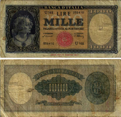 Италия 1000 лир 1947 изображение одной из трех граций(Сандро Боттичели), Pick 88a 8518-40-3-2