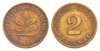 ФРГ 2 пфеннига 1961 J KM 106, J. 381 бронза 4164-135