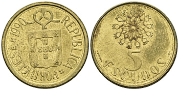 Португалия 5 эскудо 1990 KM 632 никель латунь 4148-444