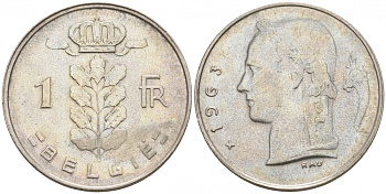 БЕЛЬГИЯ 1 ФРАНК 1963 BELGIE KM 143.1 медно-никель 68-534