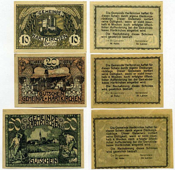 Австрия, Харткирхен набор из 3 банкнот 10, 20, 50 геллеров 1920 31 декабря 1920, нотгельд, коммуна в земле Верхняя Австрия   бумага  UNC (пресс) 7555-24-1-1