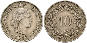 Швейцария 10 раппенов 1919 KM 27 медно-никель 4596-458