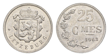 Люксембург 25 сантимов 1963 Шарлотта (1918-1964) KM 45a алюминий 4643-519