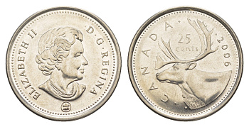 Канада 25 центов 2006 Leaf, Елизавета II (1952-2022), олень KM 493 сталь плакированная никелем UNC 4637-841