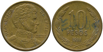 Чили 10 песо 1998 So KM 228.2, Schon 82 алюминиевая бронза 4544-632